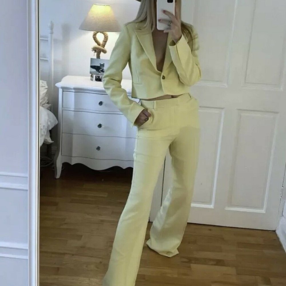 Zara Lime Green Cropped Blazer & Full Length Trousers Co Ord Set Size XS